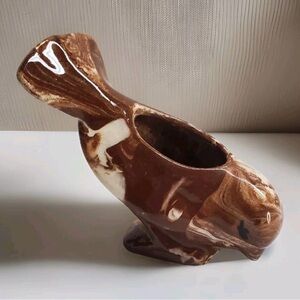 Vtg Juanita Ware Figural Bird Planter Chocolate Cream Swirl Ohio Pottery Mini